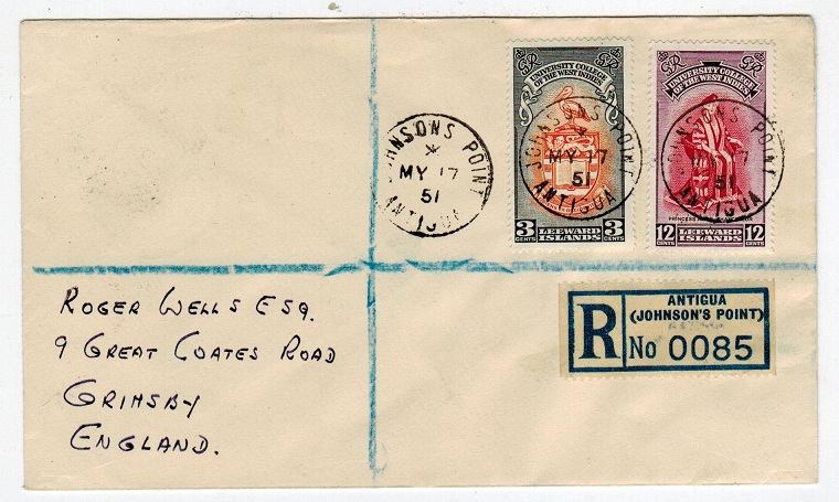 ANTIGUA - 1951 registered cover to UK from JOHNSONS POINT.