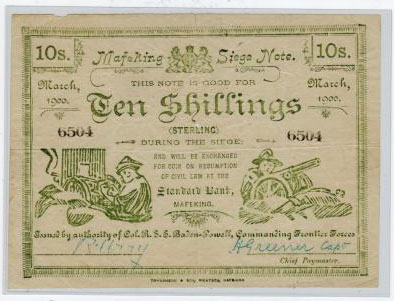 CAPE OF GOOD HOPE - 1900 10/- green MAFEKING SIEGE NOTE. A scarce item from the Boer War.