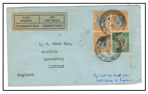 TANGANYIKA - 1932 65c rate cover to UK by 