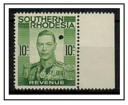 SOUTHERN RHODESIA - 1937 10/- green REVENUE U/M with official security punch.