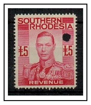 SOUTHERN RHODESIA - 1937 5 red REVENUE U/M with official security punch.