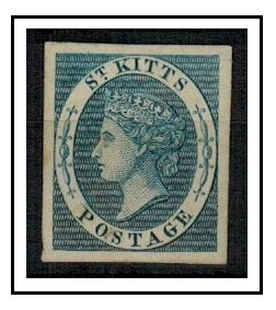 ST.KITTS - 1867 imperforate ST.KITTS/POSTAGE engraved ESSAY of queens head printed in blue.