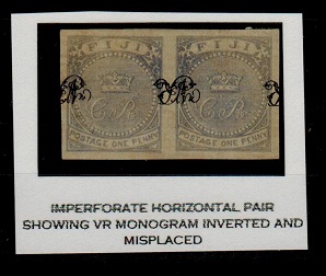 FIJI - 1876 1d grey-blue IMPERFORATE PLATE PROOF pair with MISPLACED INVERTED overprint.
