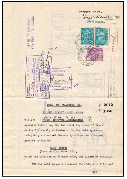 SOUTH AFRICA - 1950 use of 10/- + 5 (x2) REVENUES on 