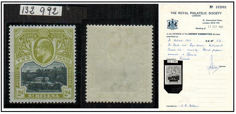 ST.HELENA - 1903 2d black and sage green mint example with certificate on BLUED PAPER.  SG 57.