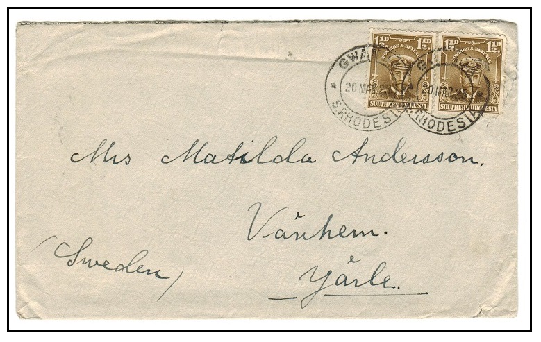 SOUTHERN RHODESIA - 1925 3d rate cover to Sweden (scarce) used at GWANDA.