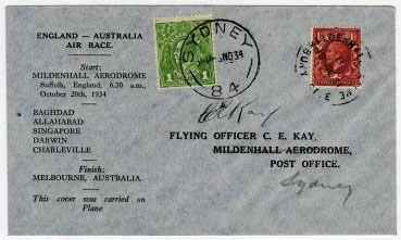 AUSTRALIA - 1934 pilot signed ENGLAND-AUSTRALIA/AIR RACE cover.