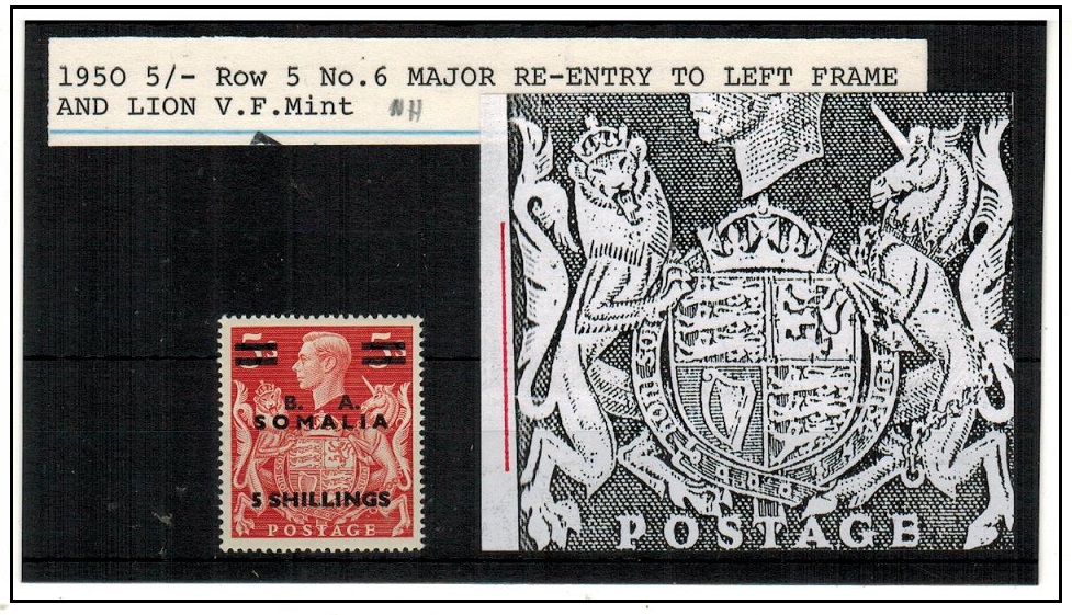 B.O.F.I.C. (Somalia) - 1950 5s on 5/- red U/M with RE-ENTRY TO LEFT FRAME AND LION.  SG S31.
