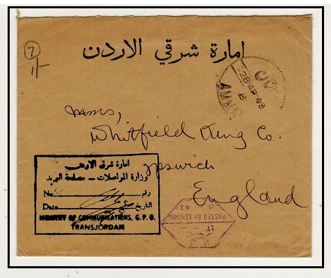 TRANSJORDAN - 1943 official stampless censored cover to UK used at AMMAN.