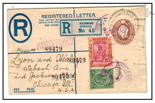 JAMAICA - 1913 2d+1d RPSE uprated to USA used at RICHMOND.  H&G 1a.