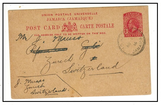JAMAICA - 1912 1d carmine PSC to Switzerland used at OLD HARBOUR.  H&G 26.