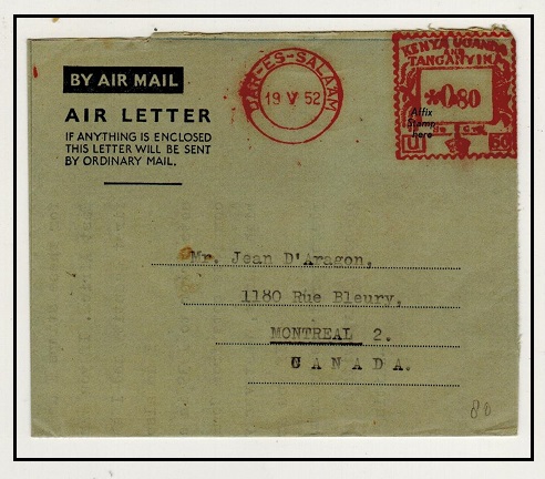K.U.T. - 1952 0.80c red meter mark use of formula type air letter to Canada.