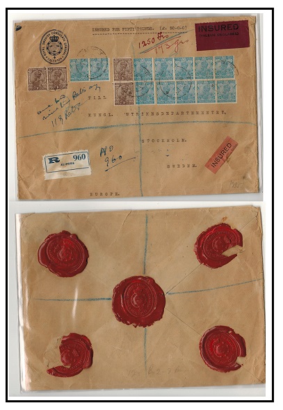 INDIA - 1935 Swedish Consulate cover to Sweden used at ALIPORE and with INSURED labels applied.