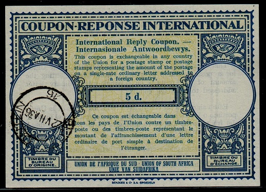 SOUTH AFRICA - 1936 use of 5d INTERNATIONAL REPLY COUPON used from BLOEMFONTEIN.