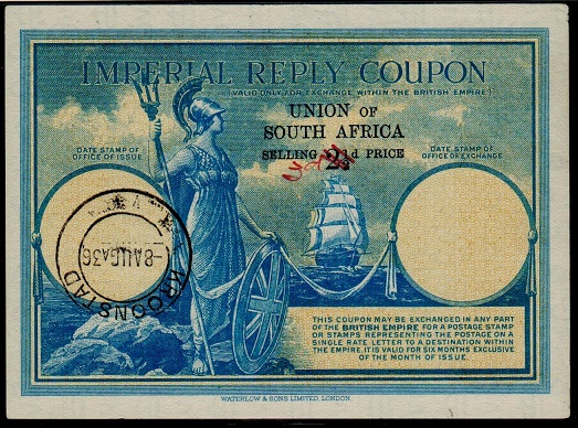 SOUTH AFRICA - 1936 use of 2 1/2d IMPERIAL REPLY COUPON uprated to 3d in manuscript.