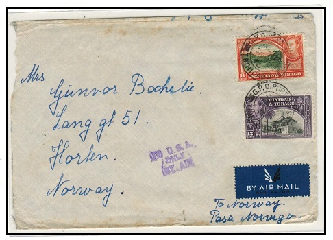 TRINIDAD AND TOBAGO - 1946 20c rate cover to Norway (scarce) with 