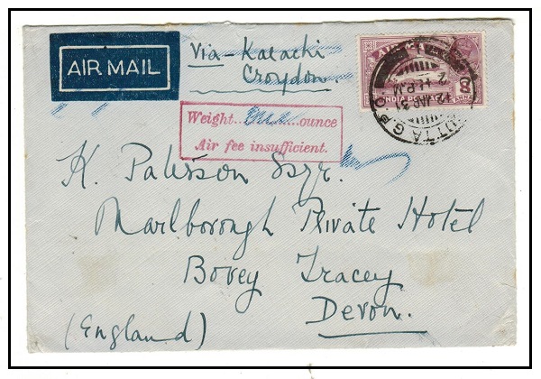 INDIA - 1931 8a rate cover to UK struck 