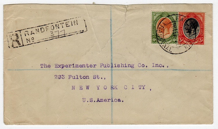 SOUTH AFRICA - 1922 registered cover to USA from RANDFONTEIN.