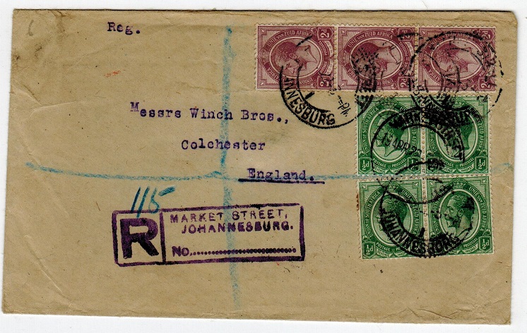 SOUTH AFRICA - 1922 registered cover to UK from MARKET STREET.