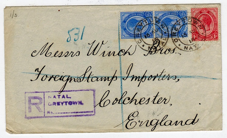 SOUTH AFRICA - 1918 registered cover to UK from GREYTOWN.