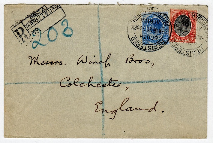 SOUTH AFRICA - 1921 registered cover to UK from PIETERMARITZBURG/