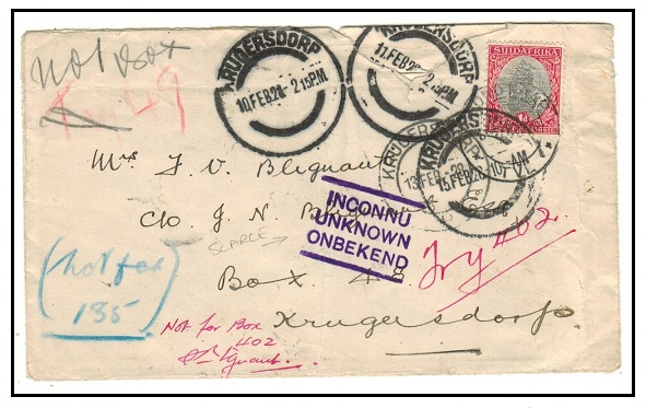SOUTH AFRICA - 1928 undelivered local 1d rate cover from KRUGERDORP struck 