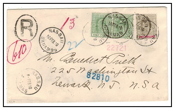 BAHAMAS - 1910 1/1d rate registered cover to USA used at NASSAU.