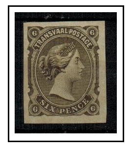 TRANSVAAL - 1878 6d (SG type 19) IMPERFORATE PLATE PROOF printed in olive black on gummed paper.