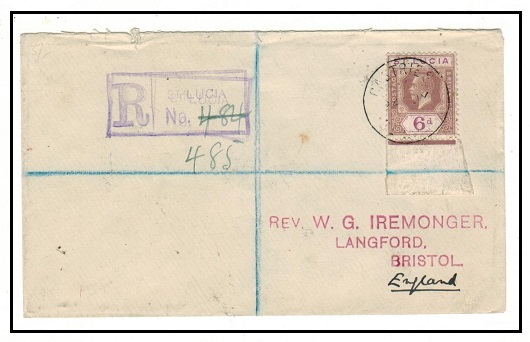 ST.LUCIA - 1924 6d rate registered cover to UK used at CASTRIES.