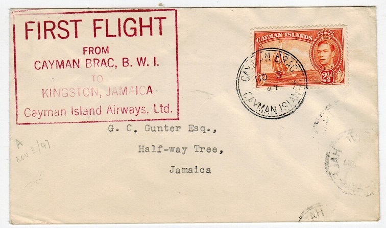 CAYMAN ISLANDS - 1947 first flight cover to Jamaica.
