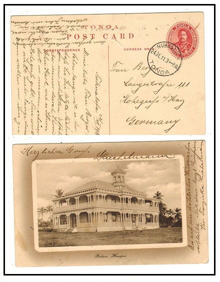 TONGA - 1911 1d red illustrated PSC to Germany used at NUKUALOFA.  H&G 2b(3).