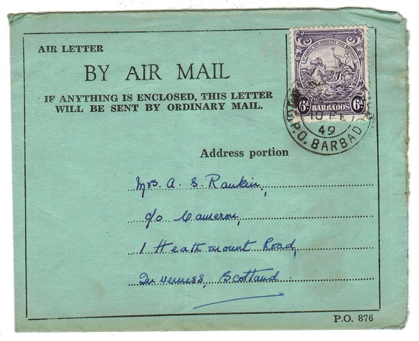BARBADOS - 1949 use of locally produced (P.O.876) AIR LETTER to UK.