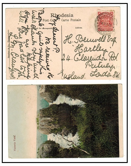 RHODESIA - 1908 1d rate postcard to UK used at PENHALONGA.