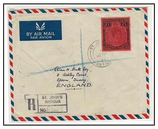 ANTIGUA - 1952 registered cover to UK with Leeward Island 1 