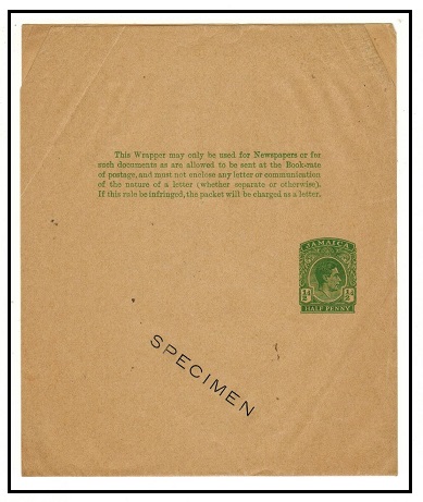 JAMAICA - 1937 1/2d yellow green postal stationery wrapper unused SPECIMEN.  H&G 4.