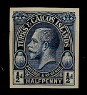 TURKS AND CAICOS IS - 1928 1/2d IMPERFORATE PLATE PROOF in blue.