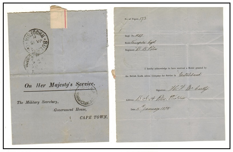 RHODESIA - 1898 use of official acknowledgement wrapper used at VICTORIA/MASHONALAND.