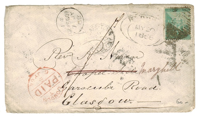CAPE OF GOOD HOPE - 1868 1/- rate cover to UK.