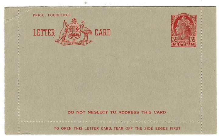 AUSTRALIA - 1953 3 1/2d red postal stationery letter card unused.  H&G 42.