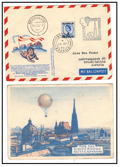 BAHRAIN - 1955 4a on 4d postcard use from Bahrain via Balloon Post in Austria.