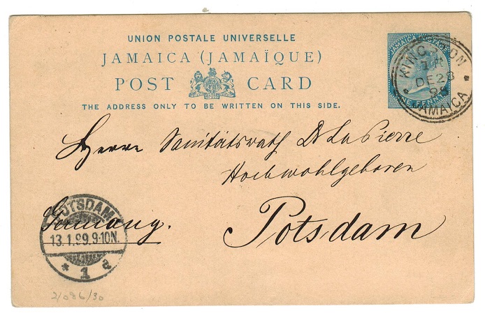 JAMAICA - 1891 1d blue PSC to Germany used at KINGSTON.  H&G 17.
