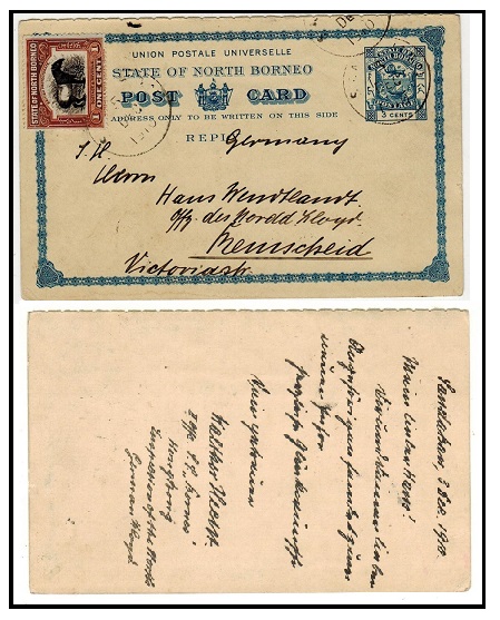 NORTH BORNEO - 1894 reply section of 3c+3c PSC uprated to Germany used at SANDAKAN.  H&G 11.