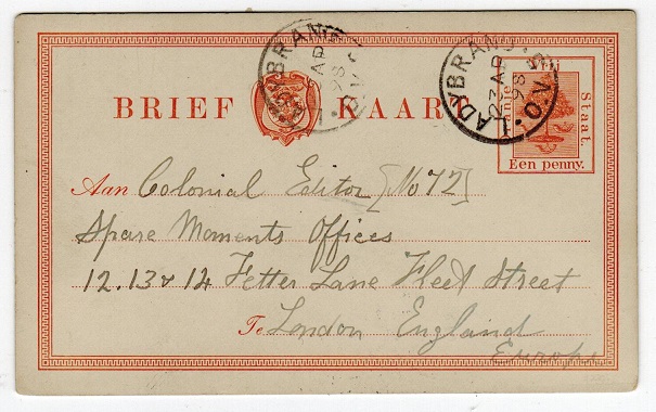 ORANGE FREE STATE - 1884 1d PSC used from LADYBRAND.  H&G 1.