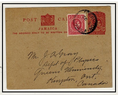 JAMAICA - 1939 1d red on greyish PSC uprated to Canada used at WALDERSTON.  H&G 31.