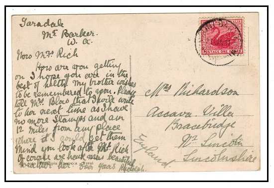 WESTERN AUSTRALIA - 1911 1d rate postcard use to UK used at MOUNT BARKER.