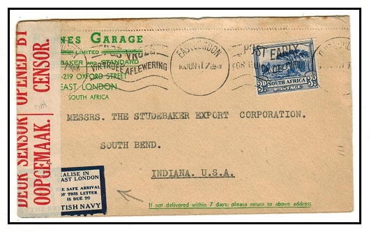 SOUTH AFRICA - 1941 3d rate censored cover to USA with EAST LONDON patriotic label applied.