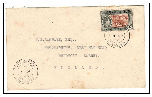 GILBERT AND ELLICE IS - 1946 2d rate cover to UK used at MAIANA.