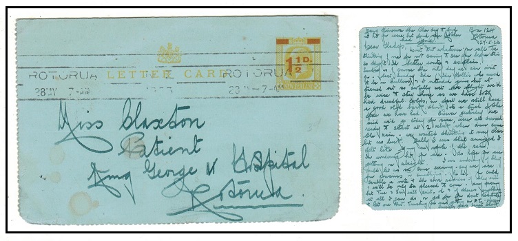 NEW ZEALAND - 1923 1 1/2d brown on 2d yellow postal stationery letter card used at ROTORUA.  H&G 16