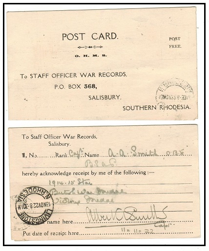 RHODESIA - 1922 use of OHMS postcard used at LIVINGSTONE.