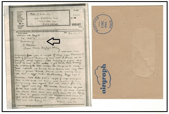 SOUTHERN RHODESIA - 1944 use of airgraph to UK from SALISBURY with original envelope.